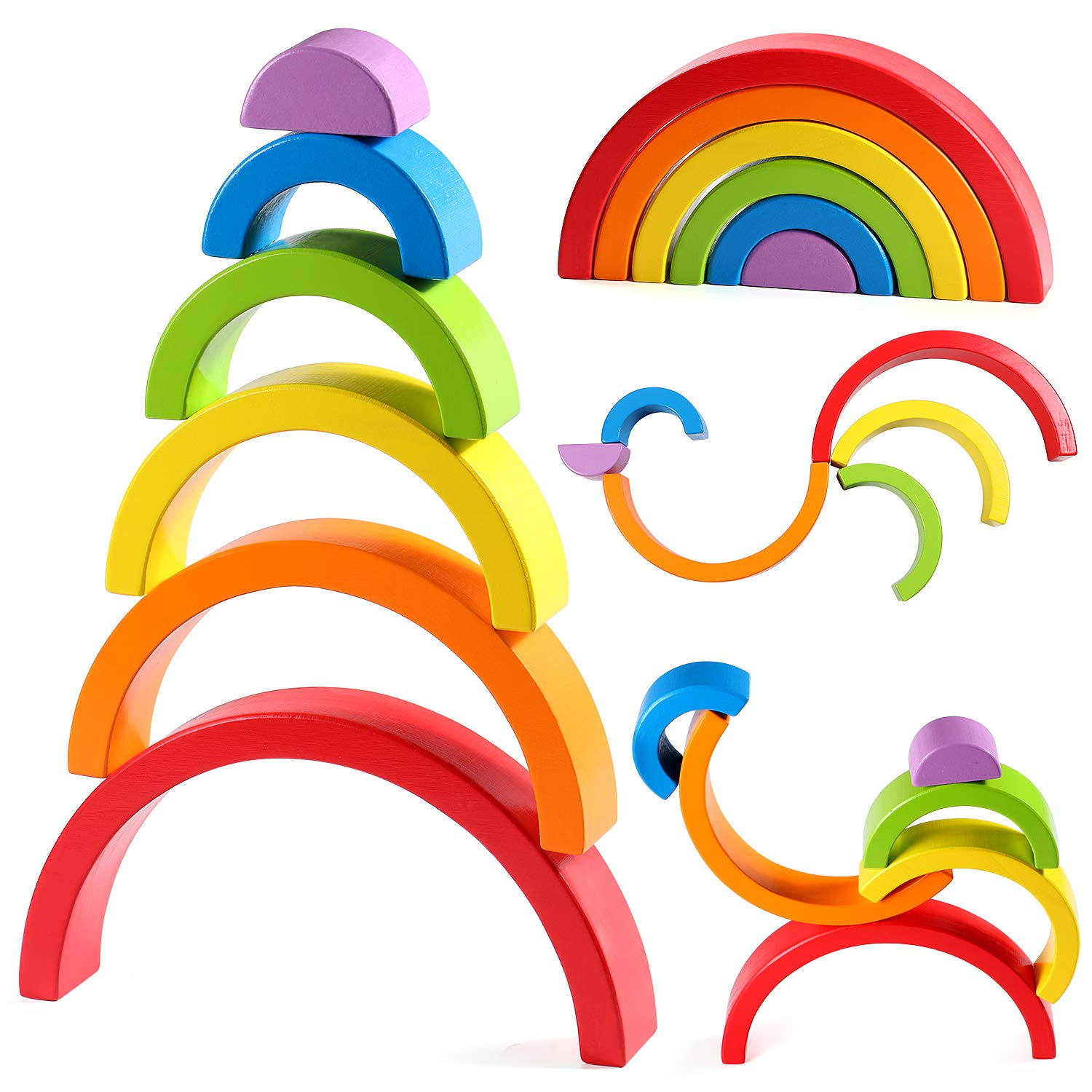 Lewo Wooden Rainbow Stacker Large Nesting Puzzle Blocks Educational Toys for Kids Baby Toddlers