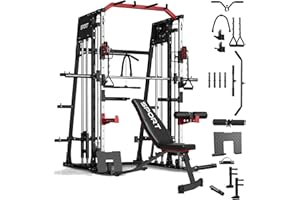 Smith Machine Weight Bench Set, 1000 kg Power Cage Squat Rack with Weight Bar, LAT Pulldown, Cable Crossover & Leg Hold-Down,