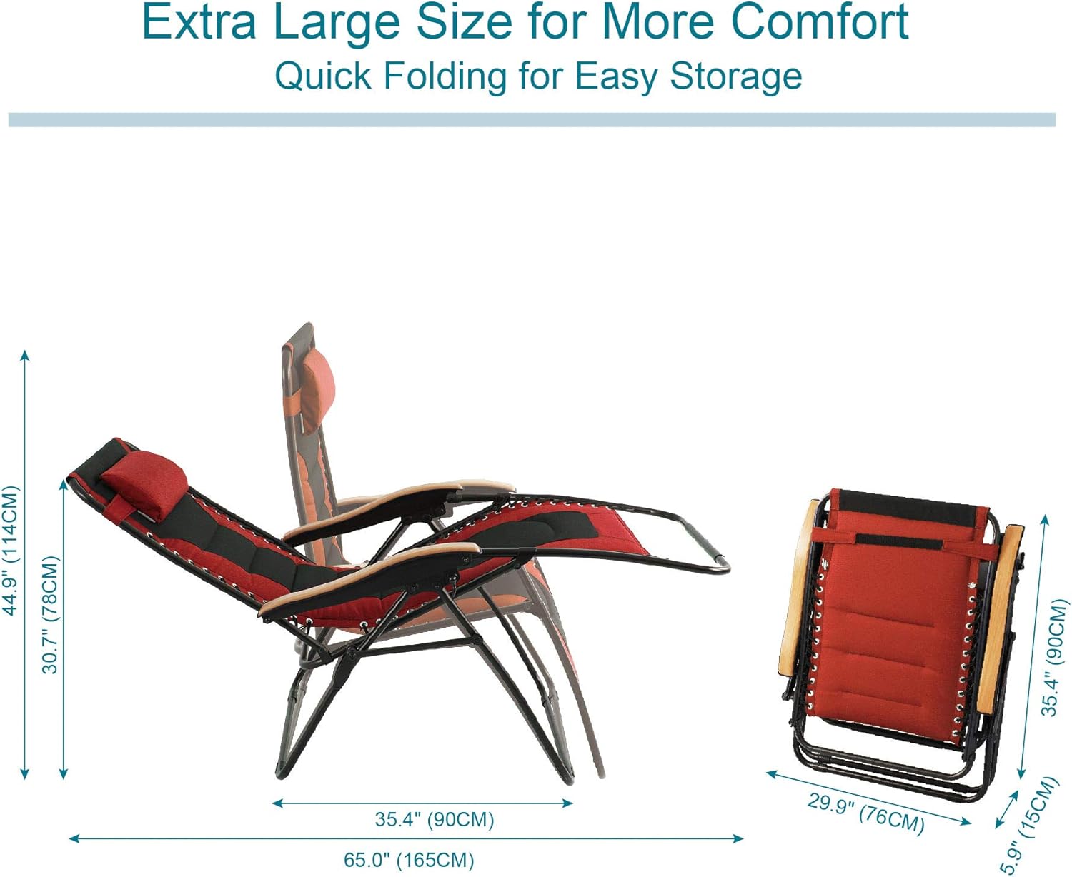 PHI VILLA Oversize XL Padded Zero Gravity Lounge Chair Wider Armrest Adjustable Recliner with Cup Holder, Support 350 LBS, Red : Garden & Outdoor