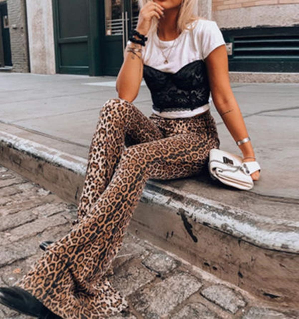 leopard flare pants green