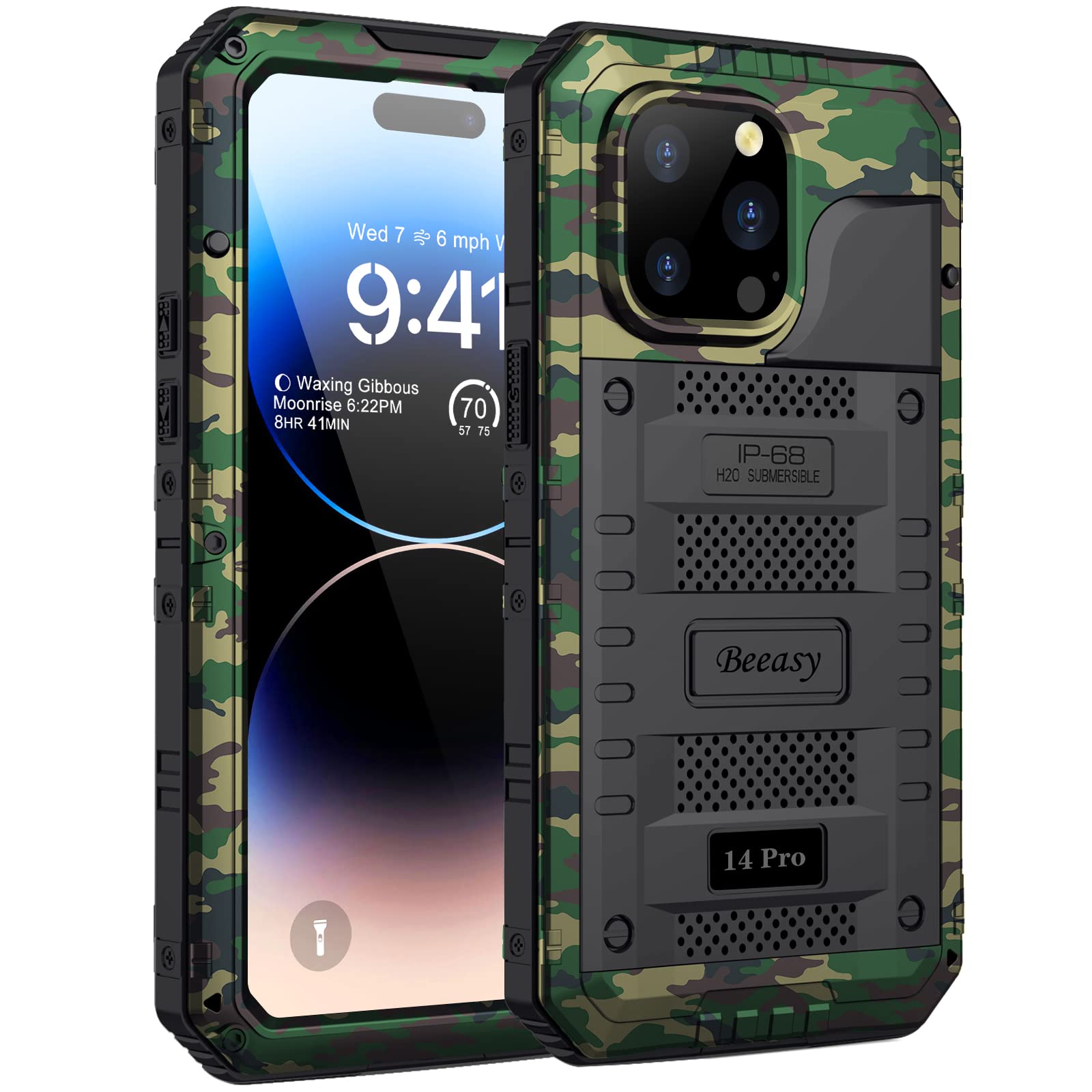 Beeasy for iPhone 14 Pro Case Waterproof Heavy Duty Shockproof Tough Metal Armour Cover Dustproof Built-in Screen Protector, 360 Full Body Military Protective Rugged Case for iPhone 14 Pro Camo