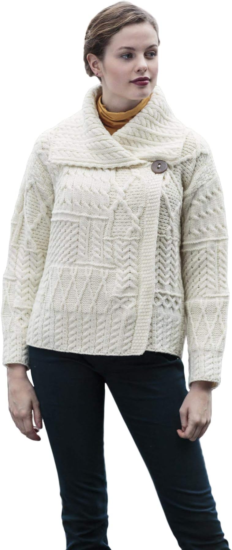 Ladies Patchwork 1 Button Collar Merino Wool Irish Cardigan