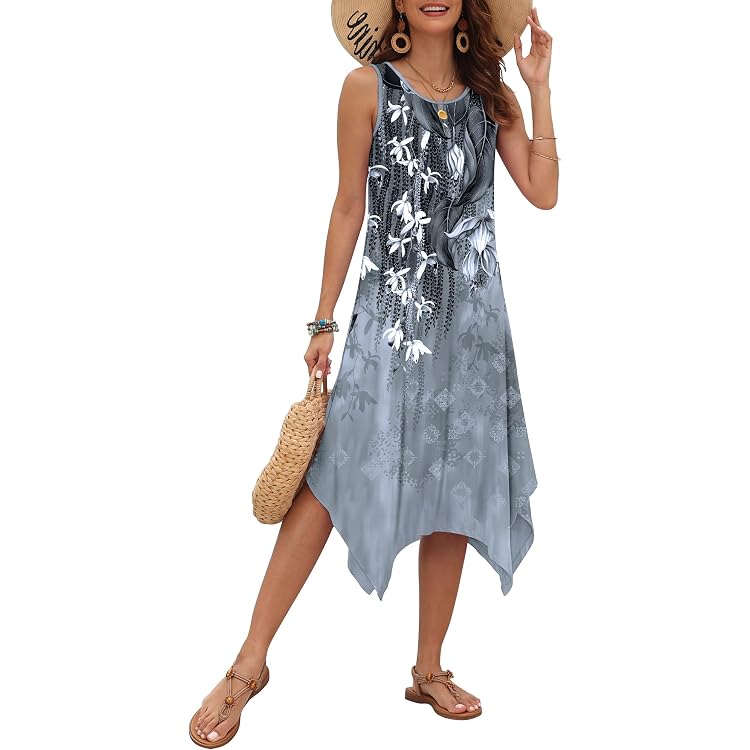 Robe D’été Femme Sans Manches — Coupe Fluide, Avec Poches Et Ourlet Mouchoir — Taille S à XXL
