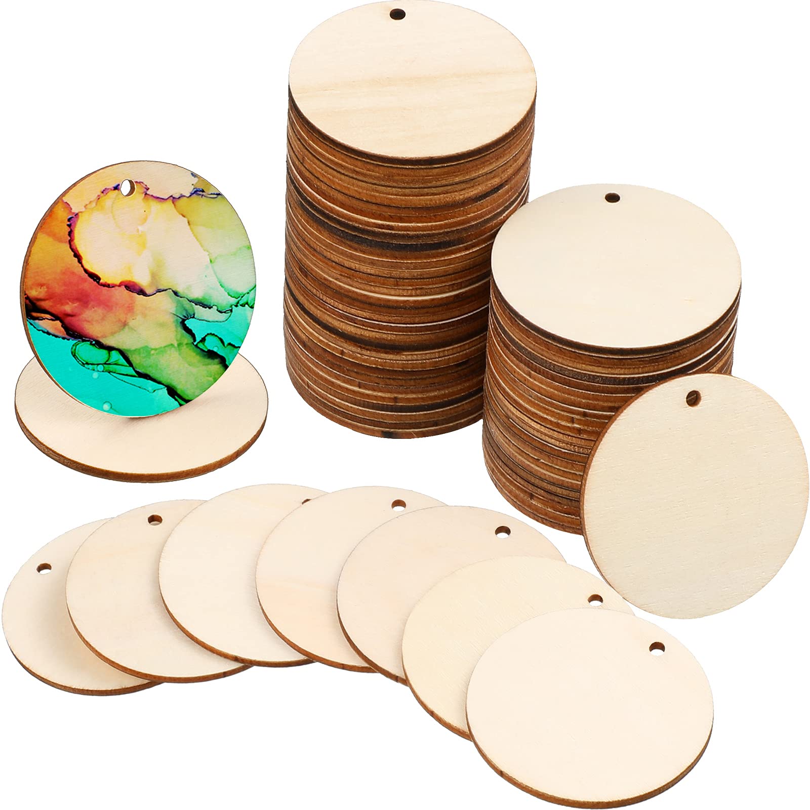 Photo 1 of 100 Pieces Unfinished Round Wooden Circles with Holes Round Wood Discs for Crafts Blank Natural Wood Circle Cutouts for DIY Crafts Party Birthday Christmas Decoration (2 Inch)