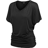 Made By Johnny Women's Casual Solid Short Sleeve Boat Neck/V Neck Dolman Top T Shirt with Side Shirring