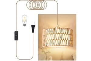 Beser·Win Plug in Pendant Light Rattan Hanging Lights with Plug in Cord, Woven & Fabric 2 in 1 LampShade, Hanging Lamp Plug in for Bedroom Living Room Kitchen Island (Bulb Included)