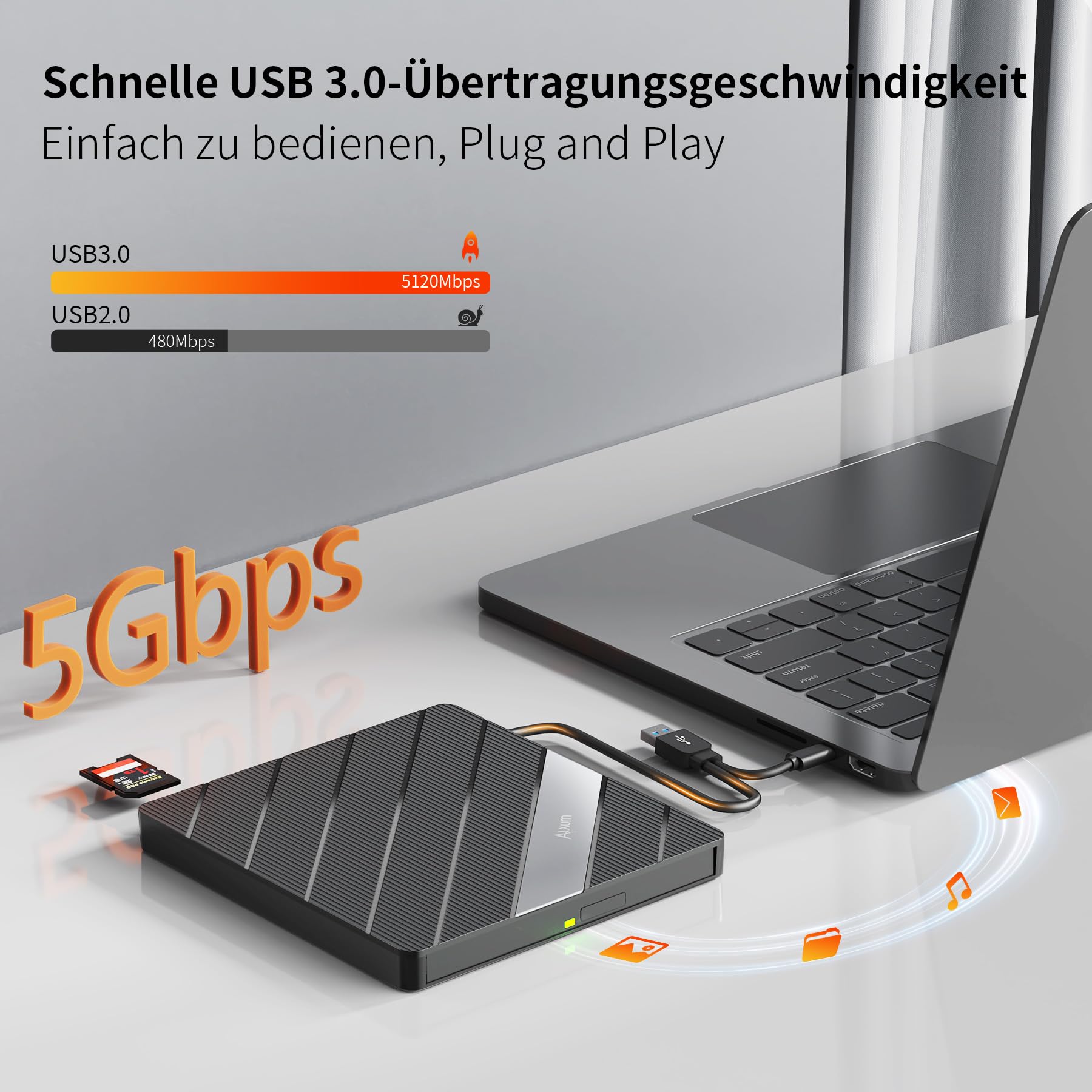 Alxum Externes DVD Laufwerk USB C 3.0 CD Laufwerk extern USB für Laptop 2