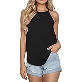 ZENUTA Womens Tank Tops, High Neck Tank Top for Women, Casual Halter Tops for Women, Loose Fit Basic Tee Shirts Summer Sleeveless Tops, Summer Tees Blouses(Black,S)