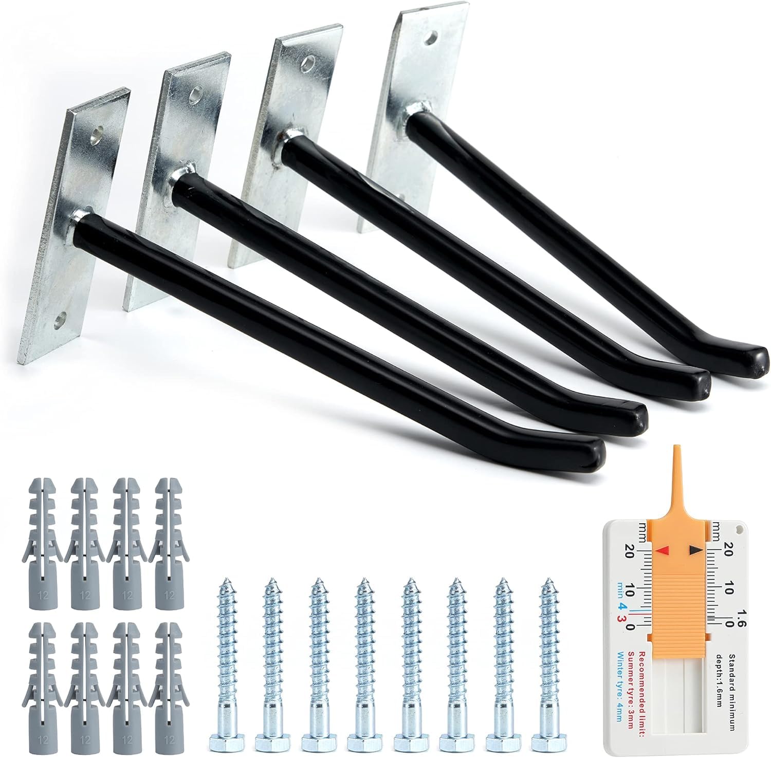Sinoer 4PCS Tyre Wall Hooks,Garage Hooks Tire Storage System,Wall Mount Hooks with Metal Screws and Anchors - Tire/Rim Holder for Car ，Black