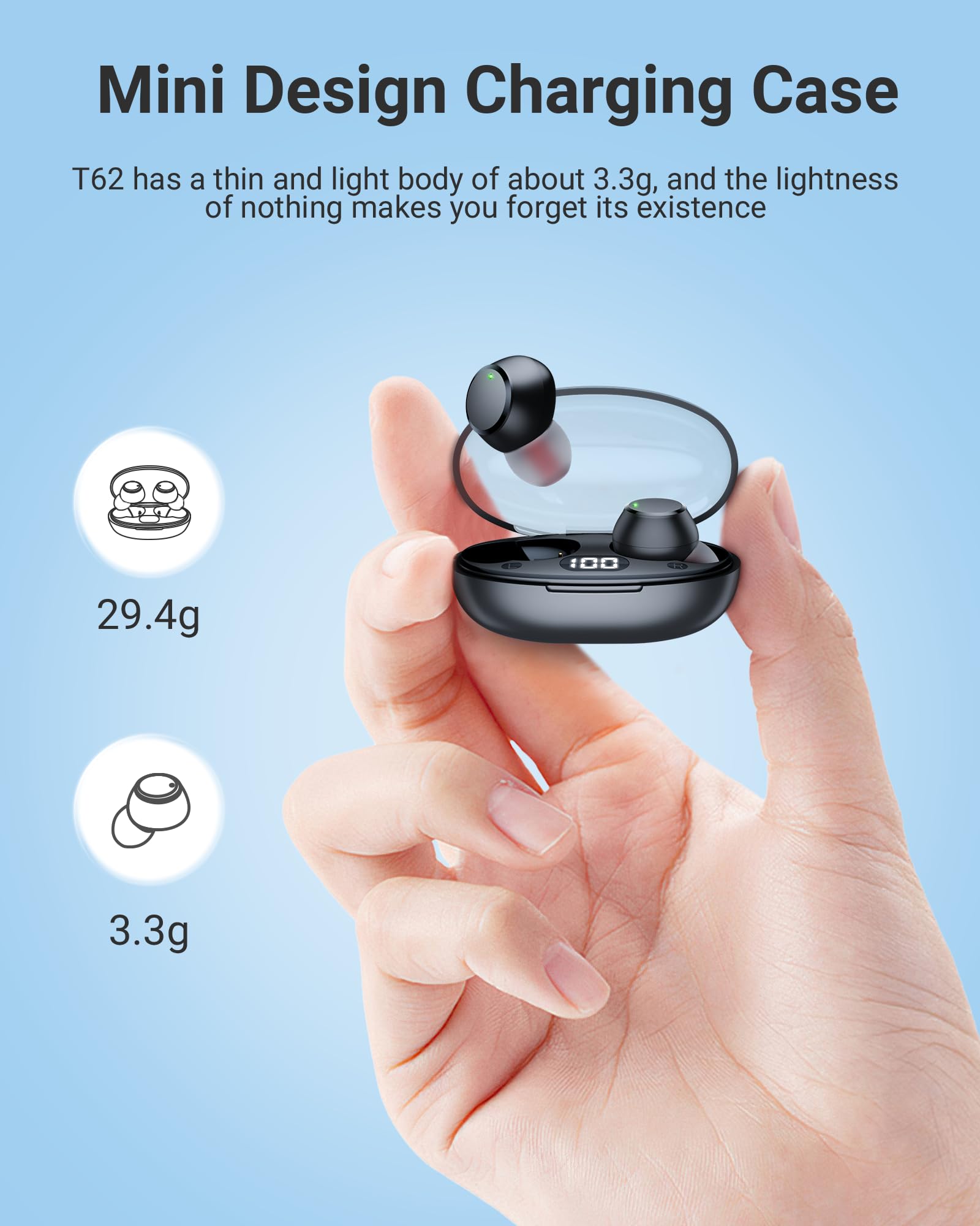 Ear Buds Wireless Earbuds Bluetooth 5.4 Headphones with LED Power Display, IPX8 Waterproof, Mini Earbud, Built-in Mic Calls, Ultra-Light, Stereo Earphones for Sports, Gym, Running, Workout, Black S - Image 6