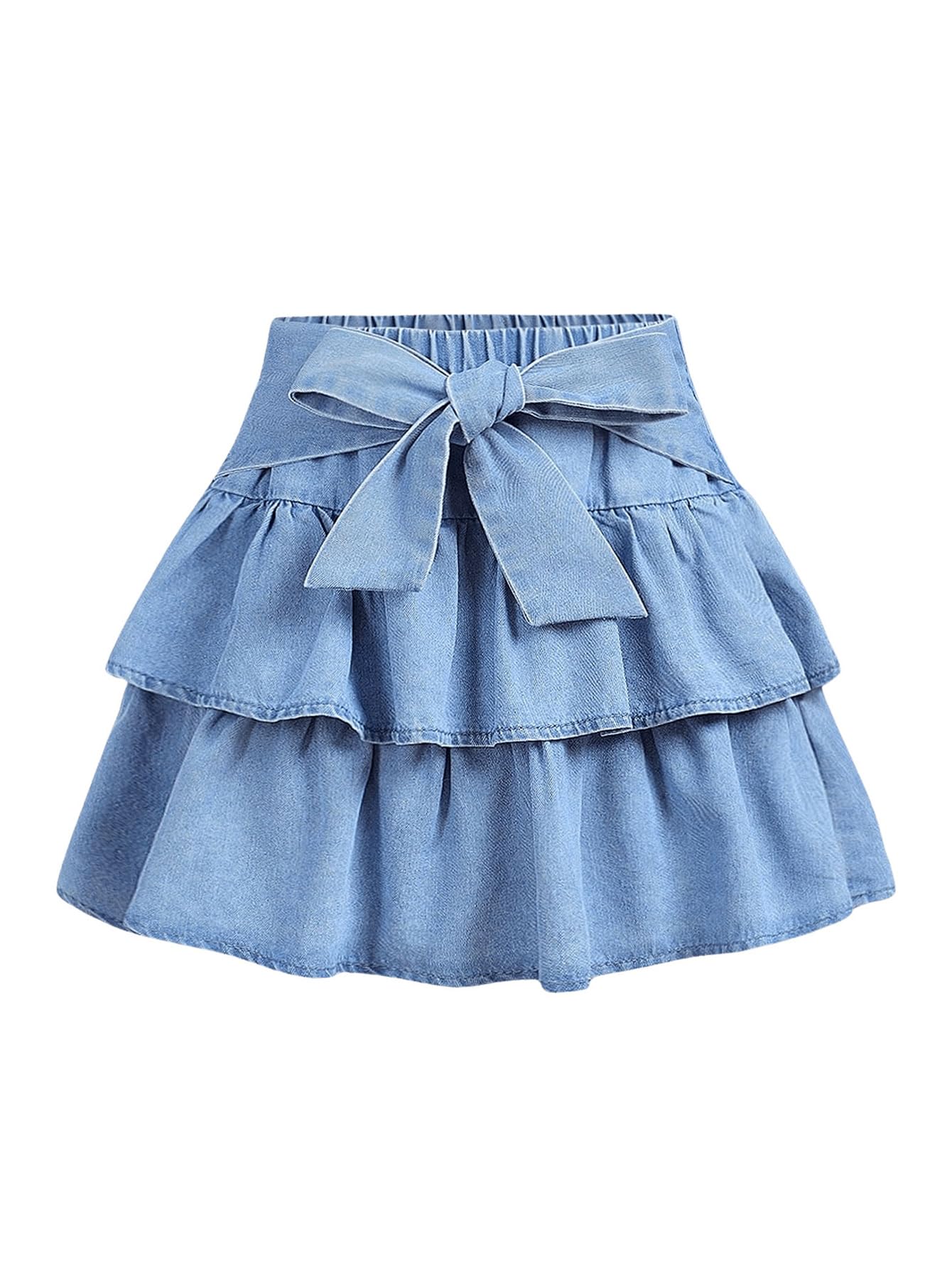 Photo 1 of MakeMeChic Girl's Bow Denim Skirt Ruffle Tiered Elastic Waist A Line Cute Mini Skirts Light Blue 16Y