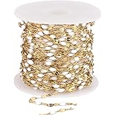 16.5FT Gold White Enamel Dapped Chain Roll, 2MM 18K Gold PVD Plated Stainless Steel Enalem Lip Link Chains Spool Bulk for DIY Jewelry Making