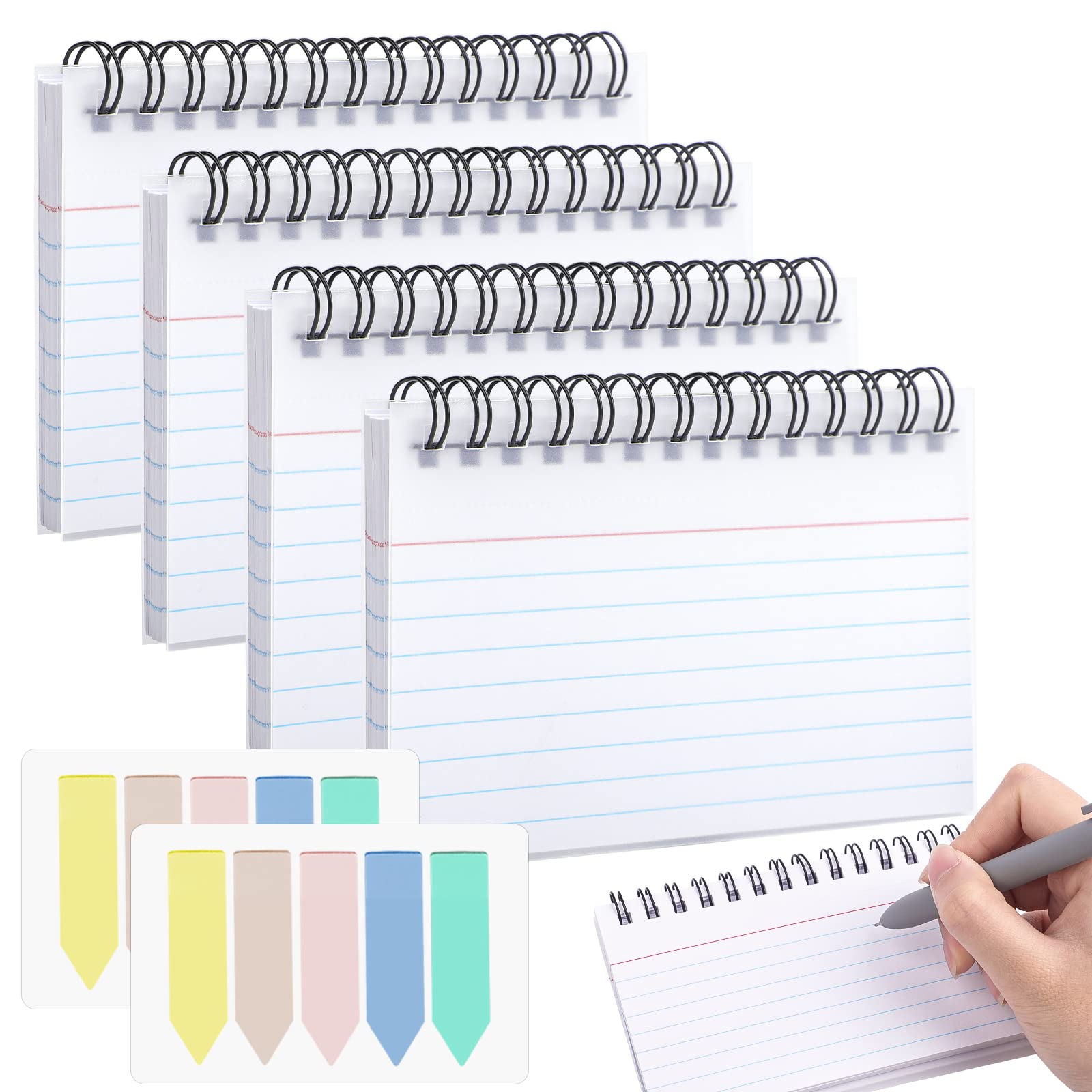 Revision Cards, 200 Sheets Lined Flash Cards Spiral-Bound, Index 3X5 Inches, 4 Packs White Note and Index Tabs, Tearable Record Paper for Office, Home, School, Study Essentials