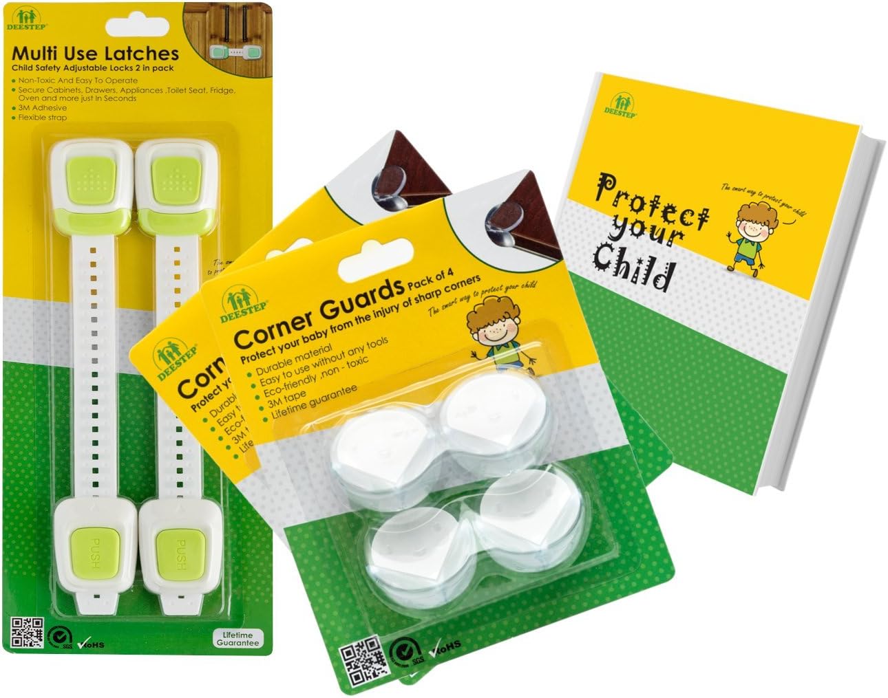 Baby Caring Corners 2 packs of 4 Premium Clear Corner Guards And Child Safety Adjustable Locks 2 in Pack Latches to Baby Proof Cabinets & Appliances And Free Ebook