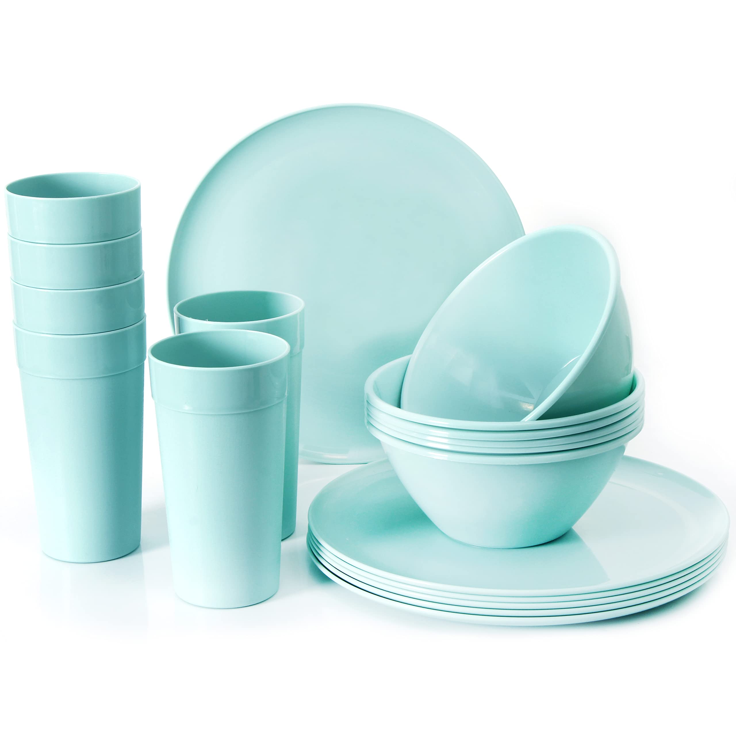 Youngever 18 Piece Re-usable Plastic Kitchen Dinnerware Set, Plates, Dishes, Bowls, Cups, Service for 6 in Assorted Colors (Mint) — image 1