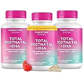 Pink Stork Total Postnatal Vitamins for Women with Vegan DHA, Iron, Folate, and Vitamin B12, Postpartum Recovery Essentials, Daily Supplement for Breastfeeding Moms - 3 Month Supply