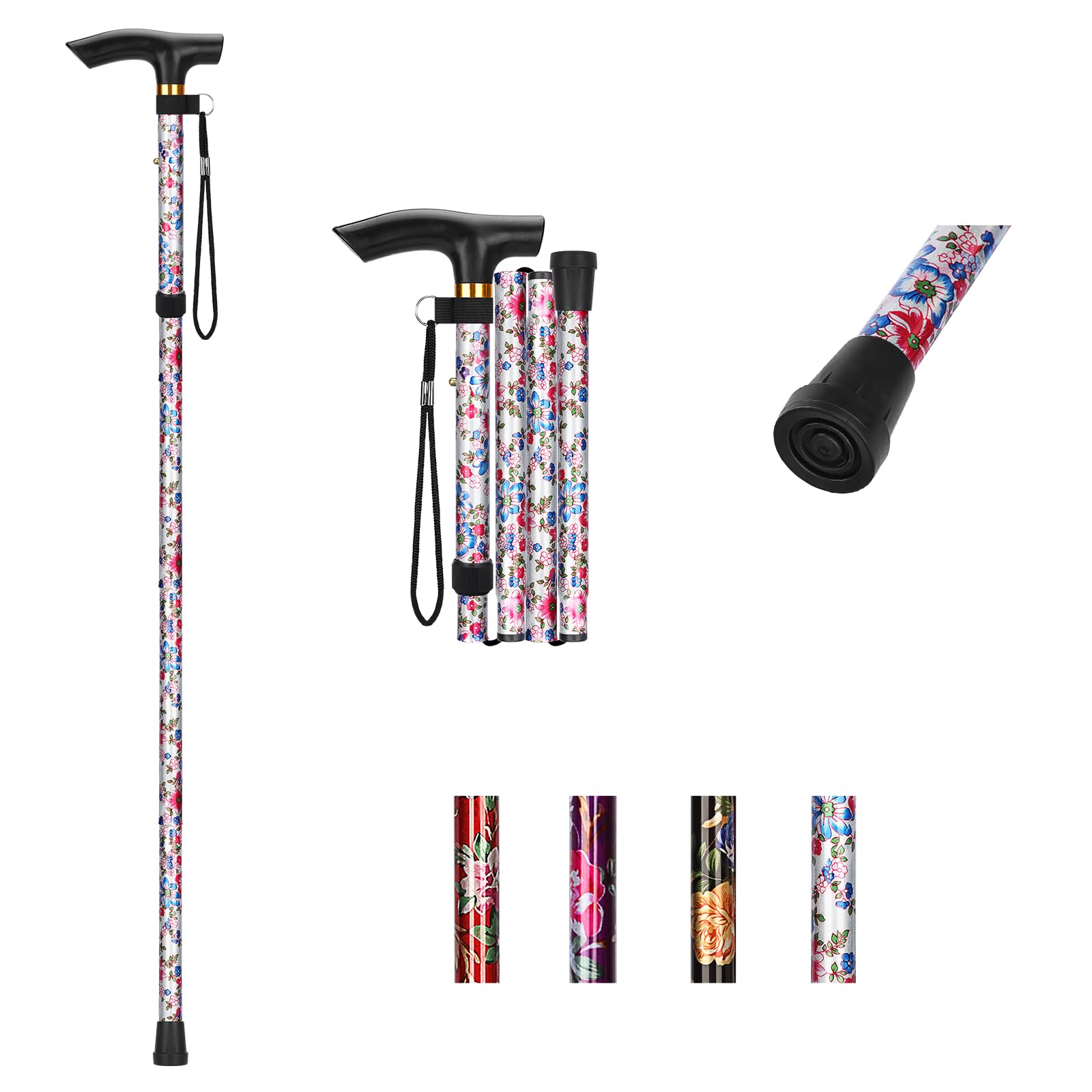 YF Walking Stick, Adjustable Folding Walking Sticks for Women and Men, Foldable Lightweight Travel Cane, Balancing Mobility Aid for Seniors Ladies with Wrist Strap and T Handle, White Floral