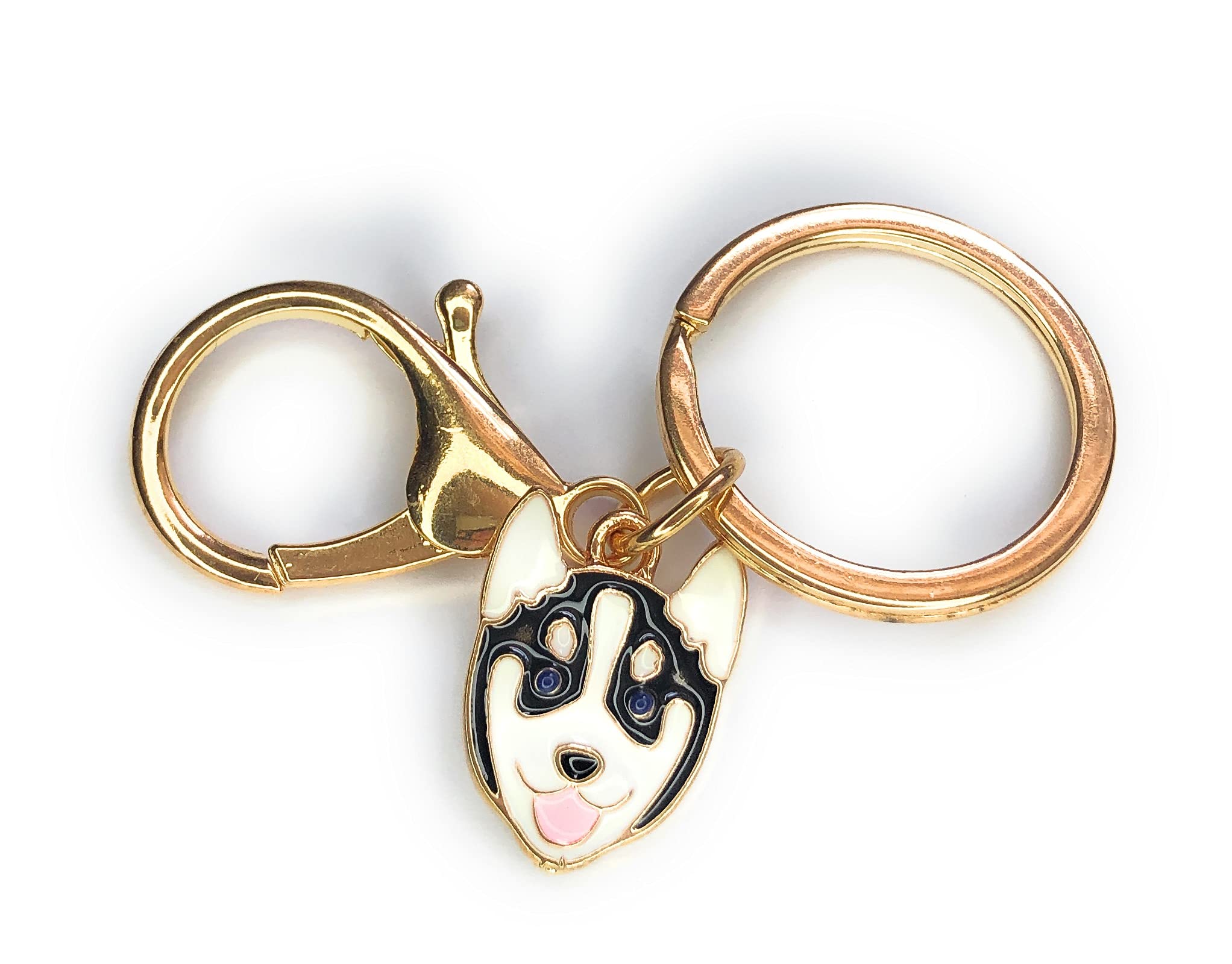 FizzyButton Gifts Husky Face Dog Puppy Gold Tone Keyring Key Ring and Lobster Clasp with Enamel Charm
