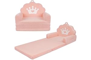 PIIKAGO 2-in-1 Kids Couch Fold Out, Soft Teddy Sherpa Toddler Couch with Crown Design, Convertible Kids Sofa to Lounger for Nap & Playtime, Comfy Children's Furniture for Boys & Girls, Pink