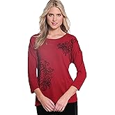MULTIPLES Womens Dolman Three Quarters Sleeves Wide Neck Button Shoulder Top with Embellishment