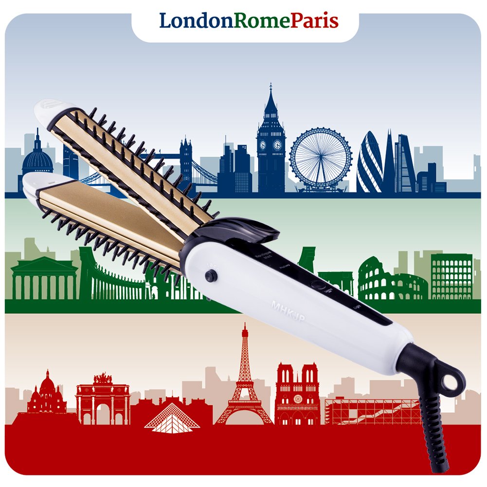 3 In 1 Travel Ceramic Hair Straightener Brush/Curling Iron,Dual Voltage,Tourmaline Straightening/Curler/Crimper With Faster Heating By MHKJP