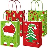 JarThenaAMCS 24Pcs Green Christmas Paper Gift Bag Funny Xmas Treat Bags with Handles Dot Candy Goodie Bags for Winter Holiday Party Supplies Decoration