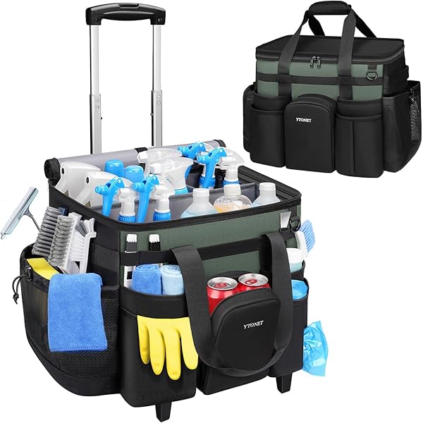 Balapet Rolling Cleaning Caddy Bag With Detachable Trolley Portable Cleaning Carts On Wheels With Shoulder Strap Professional Cleaning Bag With Transparent Lid For Housekeepers