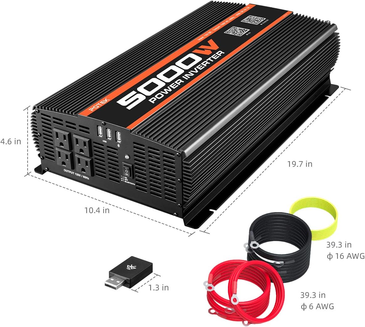 POTEK 5000W Power Inverter 4 AC Outlets 12V DC to 110V AC Car Inverter with Bluetooth and 2 USB Ports: Car Electronics