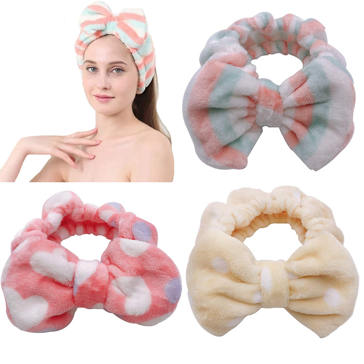 Sea Free Women Plush Headband Hair Loop Elastic Coral Fleece Hair Band with Bowknot for Makeup Shower and Face Washing 3Pcs