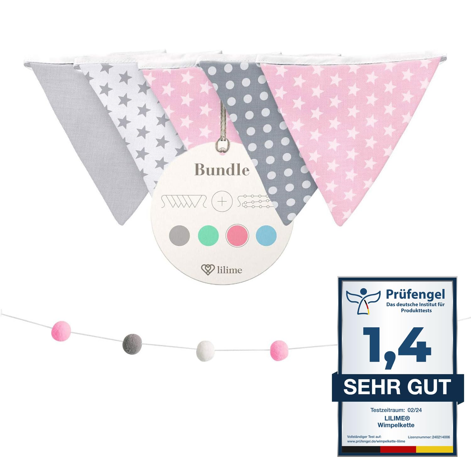 Lilime® 1.9M Bunting in Grey, Pink and Mint Incl. garland ideal for decoration in the children's room our wall decoration for your child super cute decoration for any baby room.