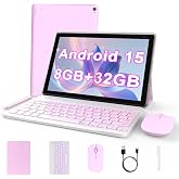 Android 15 Tablet 10 inch, 2 in 1 Tablet with Keyboard, 8GB RAM+32GB ROM Support 1TB Expandable Tablets PC, Quad-Core CPU, HD Screen, BT, WiFi, Long Battery Life Tablets with Case Mouse Stylus, Pink