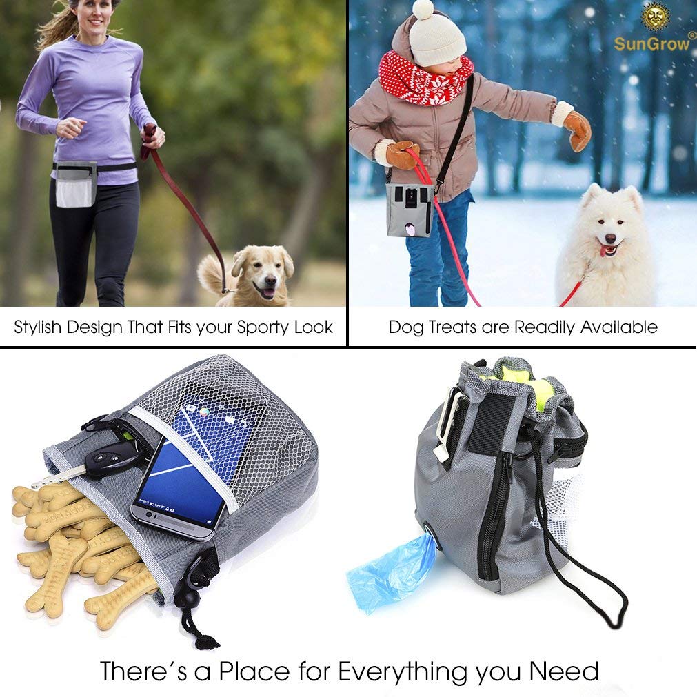 Dog Treat Pouch --- Pet Snacks, Toys and Training Tools Carrier - With Built-In Poop Bag Dispenser - Stylish, Multi-wear, Multipurpose - Weather-Resistant Nylon Fabric Material