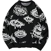 BEAUDRM Men's Fall Goth Grunge Sweater Y2K Oversized Punk Sweater Halloween Graphic Long Sleeve Knit Pullover Streetwear