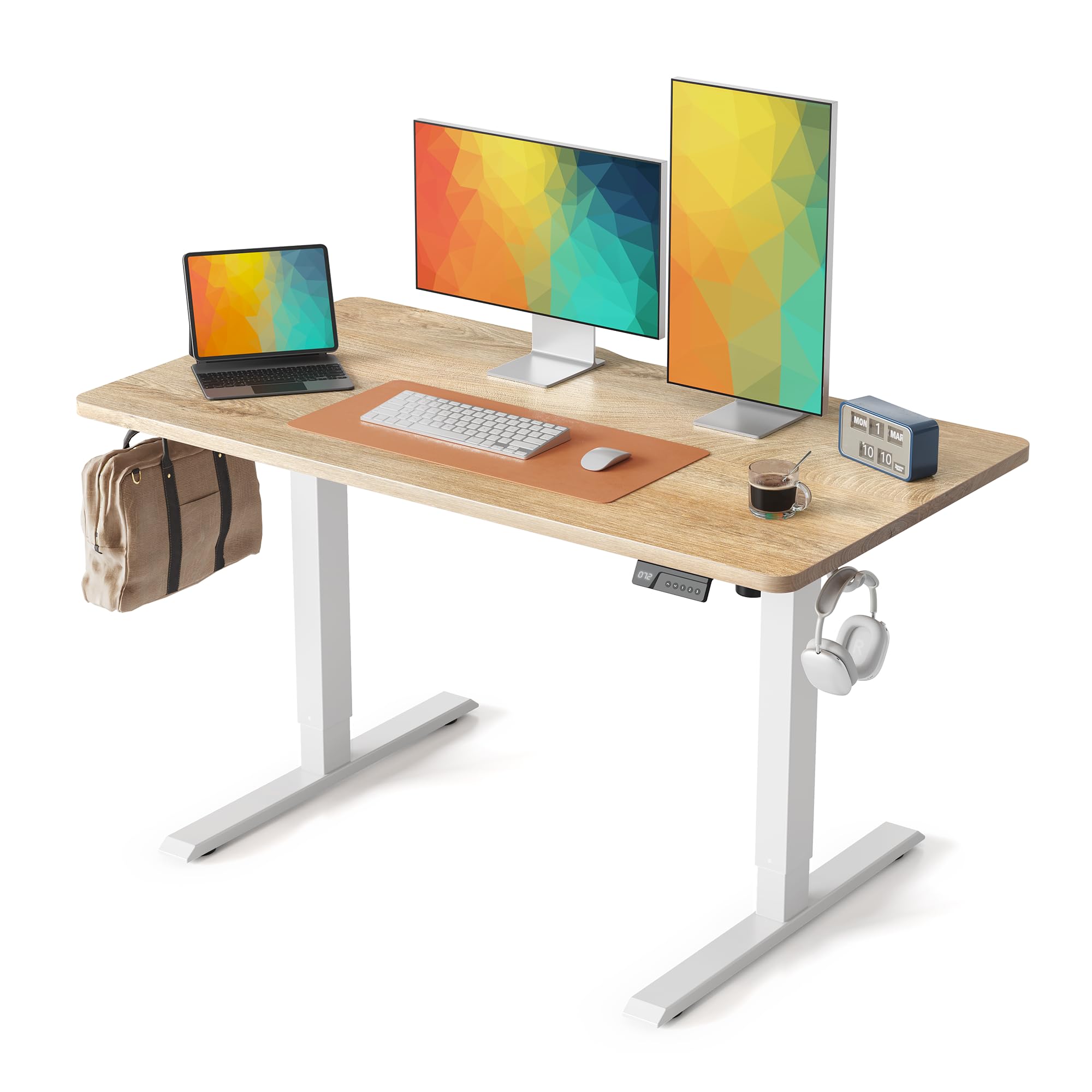 Cubiker Standing Desk, 48x24 Inches Sit Stand Home Office Desk, Electric Stand up Desk, Adjustable Desk with Splice Board, White Frame/Maple Top Image