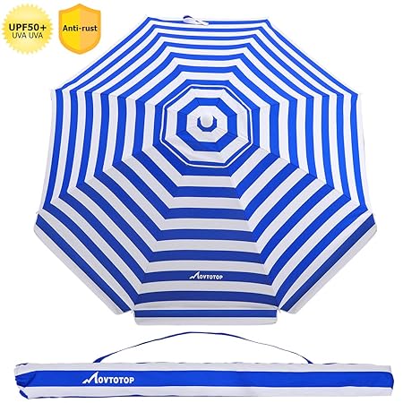 MOVTOTOP 200cm Sonnenschirm, UV 50+ Schutz Sonnenschirm Strand, Nicht Rosten Marktschirm mit Gekippter Aluminiumstange, Gestr
