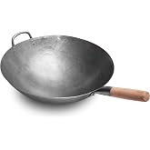 Craft Wok Big 16 Inch Heavy Hand Hammered Carbon Steel Pow Wok with Wooden and Steel Helper Handle (Round Bottom) / 731W138