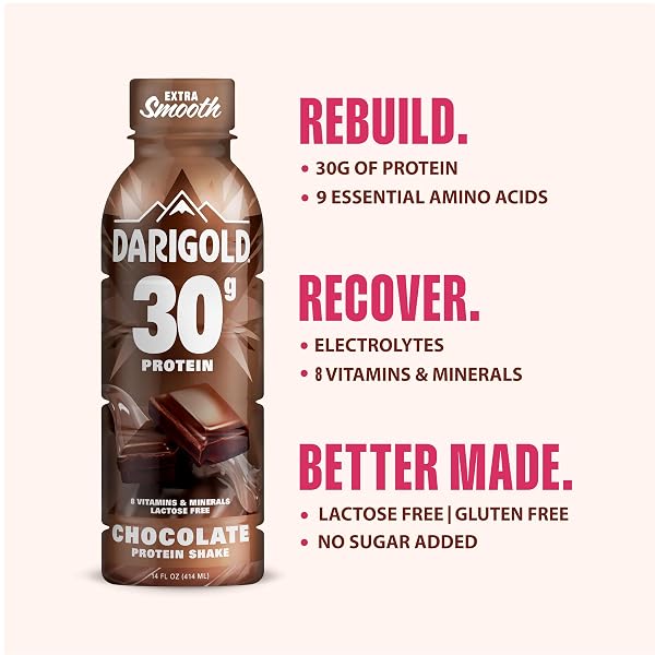 DARIGOLD READY TO DRINK CHOCOLATE PROTEIN SHAKE, 30G PROTEIN, NO ADDED SUGAR, LACTOSE FREE, ONLY 170 CALORIES, ELECTROLYTES, GLUTEN FREE – 14OZ BOTTLES 12 PACK