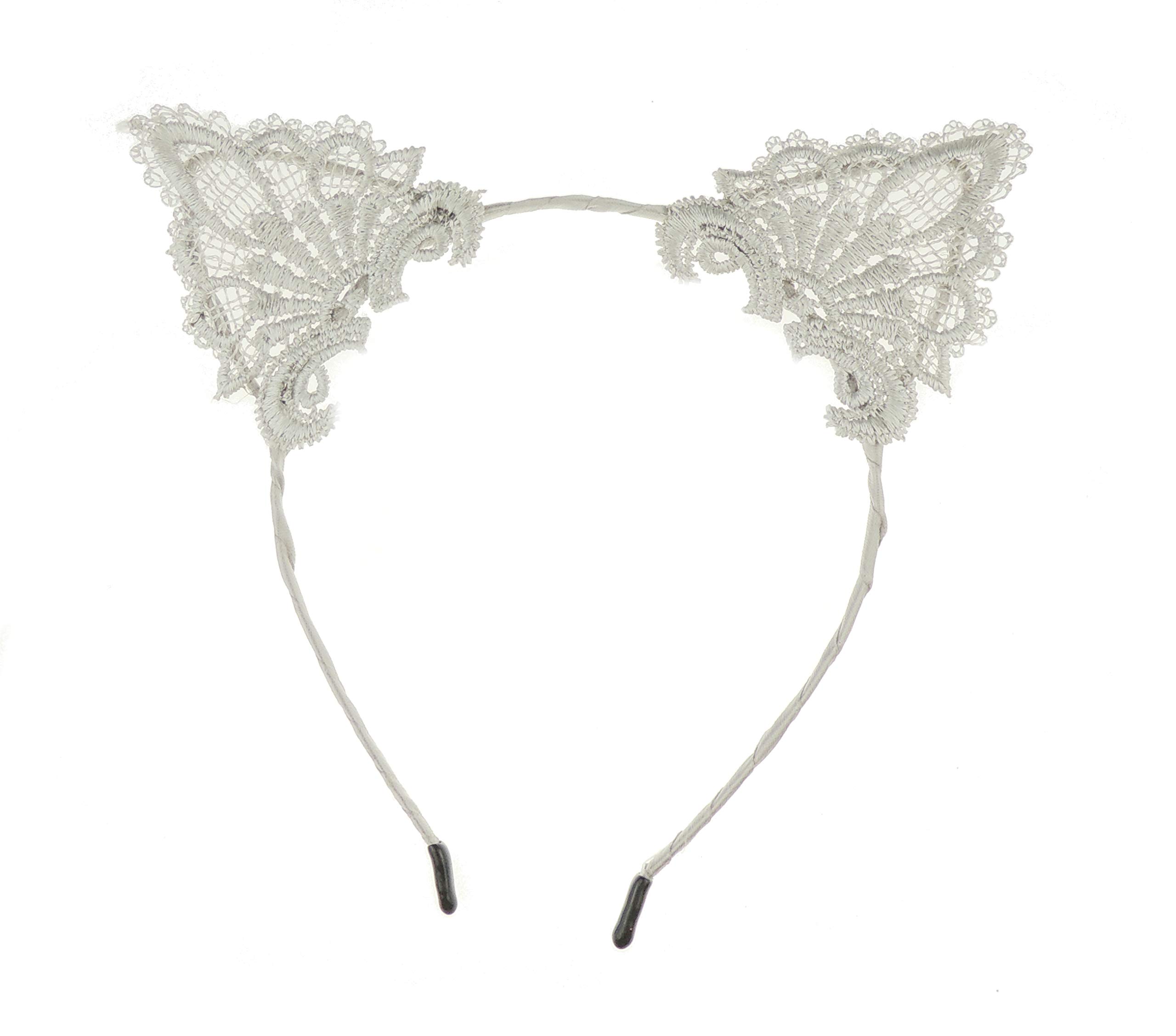 Womens Fancy Dress Up Party Role Play Cosplay Costume Christmas Hen Do Halloween Deeley Bopper Headband Hairband Hair Alice Band Fabric Lace Cat Kitten Ears Grey