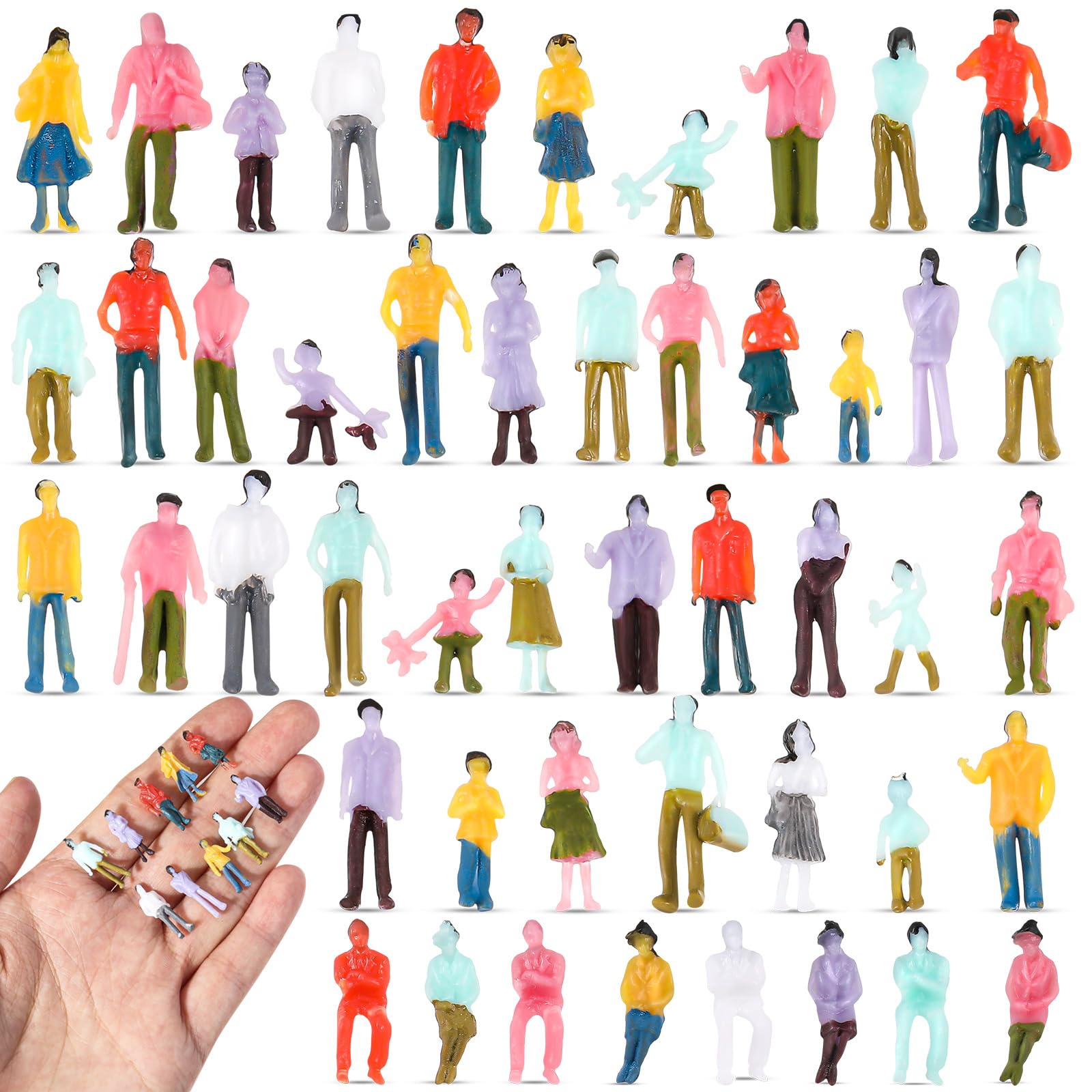 Namalu 50 Pcs Mini Figurines 1: 100 Scale 0.79 Inch Sitting and Standing Plastic Miniature Assorted Poses Architectural Painted Tiny People Model for Model Trains and Miniature Scenes
