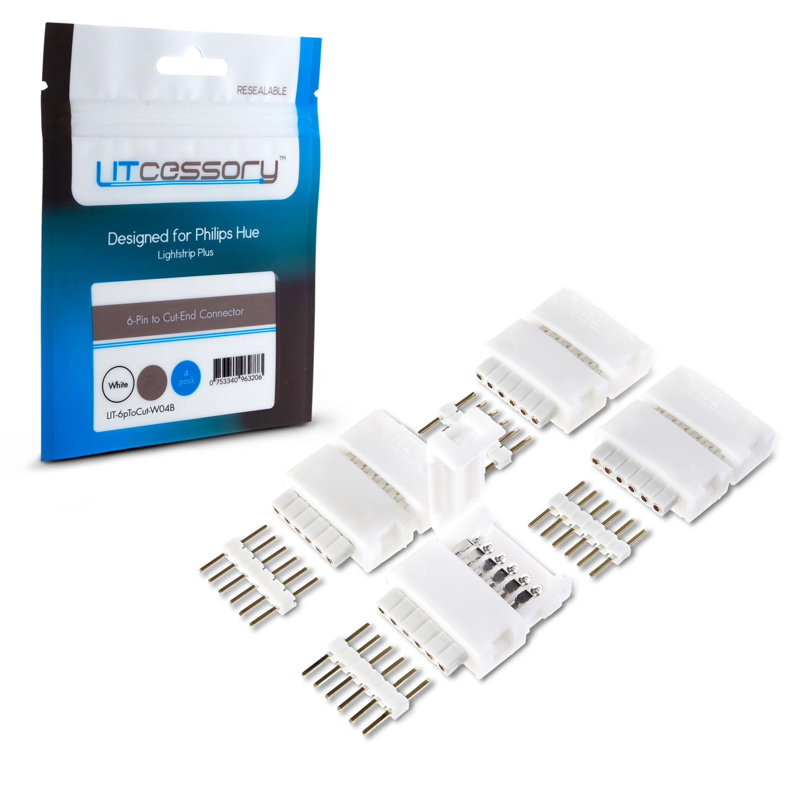Litcessory 6-Pin to Cut-End Connector for Philips Hue/WiZ Lightstrip (4 Pack, White - Standard 6-PIN V3 / WiZ Lightstrip)