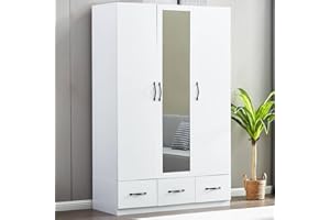 VivaVista White Armoire Wardrobe Closet with 3 Doors Wooden Bedroom Armoires Clothes, Wood Wardrobe Closets Storage Cabinet with Hanging Rod Shelves Drawers Closets