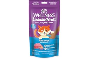 Wellness Lickable Treats Soft Puree Natural Grain Free Adult Cat Treats, Tuna Recipe, Contains 6-0.4 Ounce Squeezable Tubes