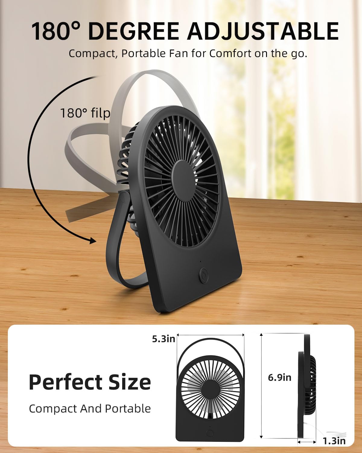 Portable USB Desk Mini FAN, USB-A Corded Powered Small Personal Fan, Foldable Office Desk Accessories for Home, Desktop, 3-speed Hangable Cruise Essentials with Strong Wind, Black