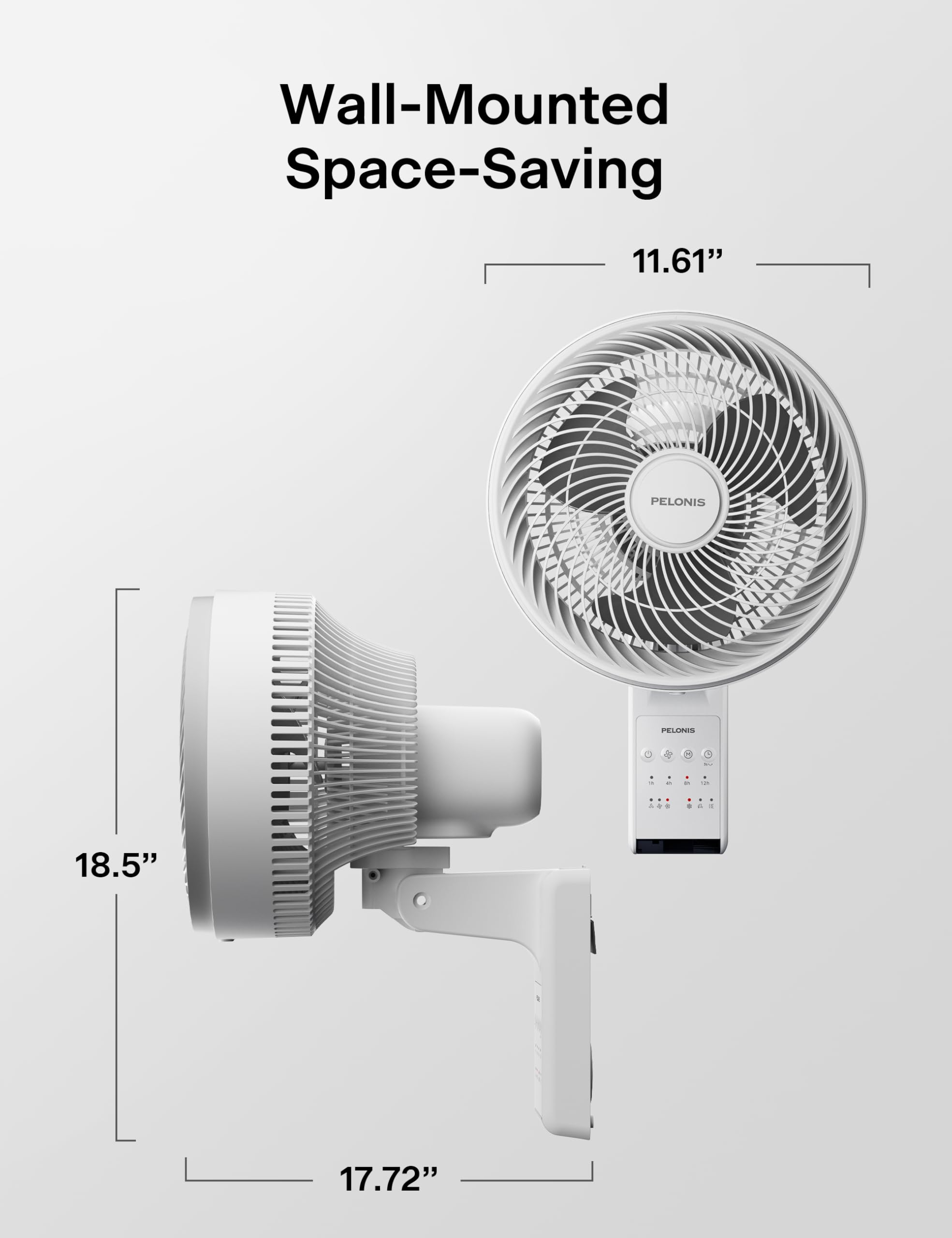 PELONIS 9 inch Wall Mount Fan with Remote Control, Osicllating Fan with 26ft Powerful Airflow, 3 Speed & 3 Modes, Auto 90° Horizontal & 68° Vertical Tilt, Indoor, 36dB, Ideal for Home, Garage, Gym
