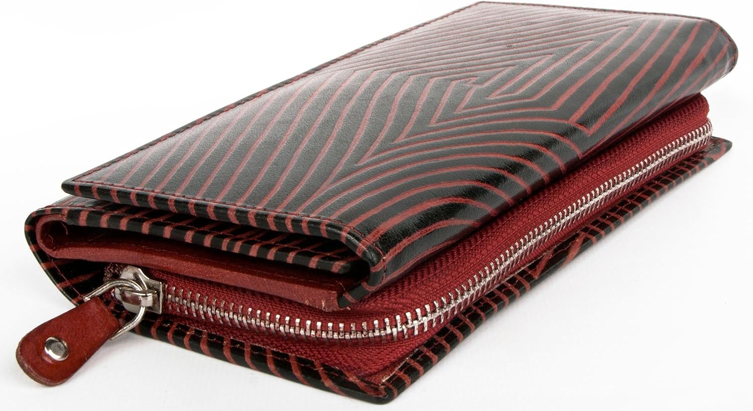 FLW Women's Black-red Clear Coated Genuine Leather Wallet with red Strips - Image 3