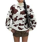 SweatyRocks Women's Y2K Oversized Sweaters Turtleneck Long Sleeve Cow Graphic Knit Pullover Sweaters