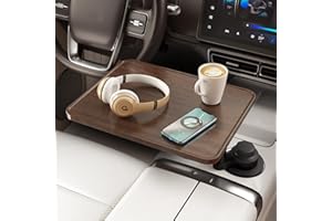 AXVLU Car Food Tray & Car Desk, Cup Holder Table with 360° Rotation, Wooden Car Laptop Desk, Road Trip Essentials, Car Table Compatible with Tesla Model Y/3/S, Ford F150/Explorer/Maverick & Most Vehicles