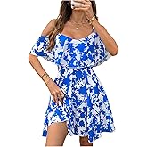 SOLY HUX Women's Boho Floral Print Cold Shoulder Dress Short Sleeve Ruffle A Line Vacation Elegant Mini Dresses