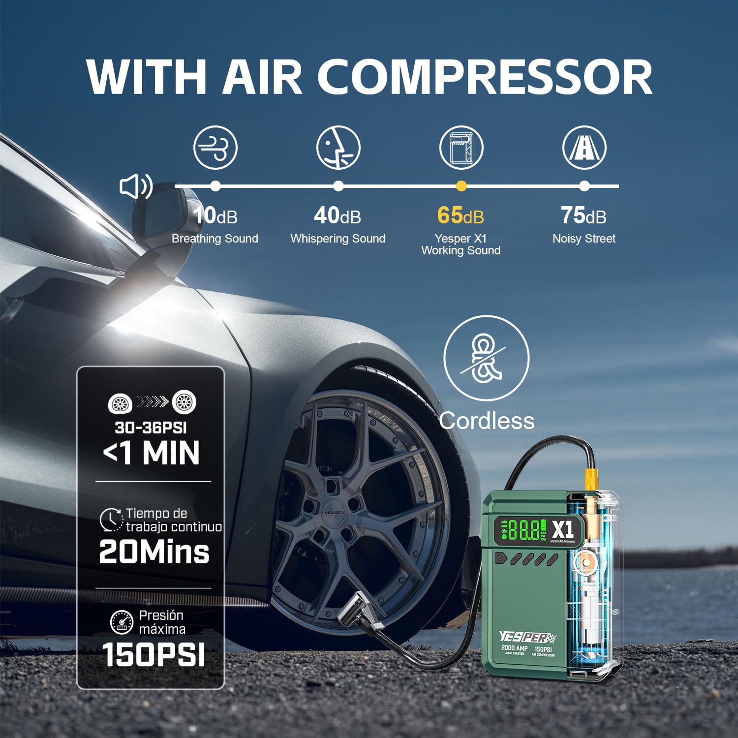 YESPER Jump Starter with Air Compressor 2000A 150PSI Battery Jumper Starter Portable(8L Gas/6L Diesel), 12V Car Jump Pack Battery Charger Jump Box with Jumper Cables, LCD Display, Lights