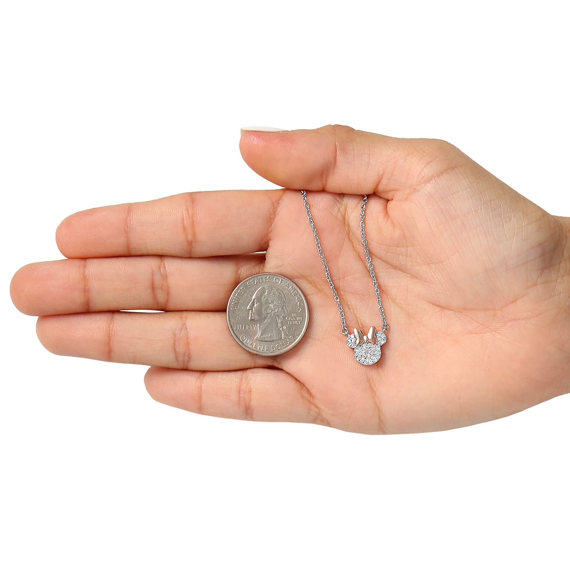 Disney Jewelry, Minnie Mouse Cubic Zirconia Pendant Necklace, Silver Plated, Pink Plated, 16+2